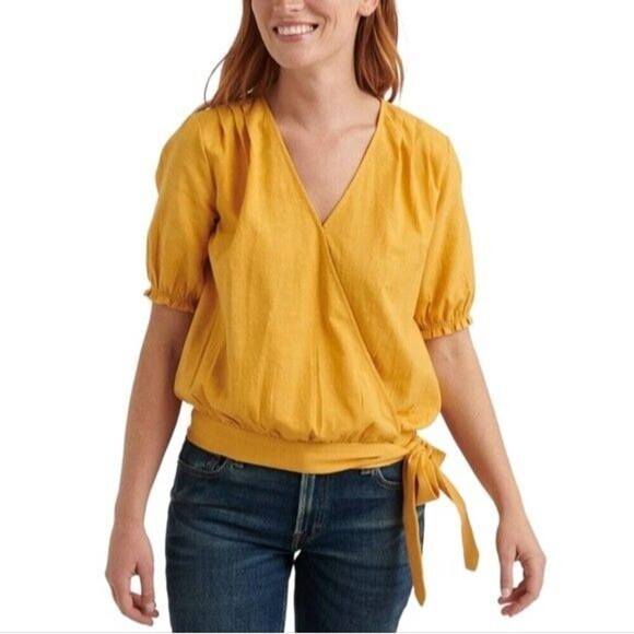 NWT Lucky Brand Womens Yellow Textured Side Tie Wrap Short Sleeve Top Size XL - Picture 1 of 12